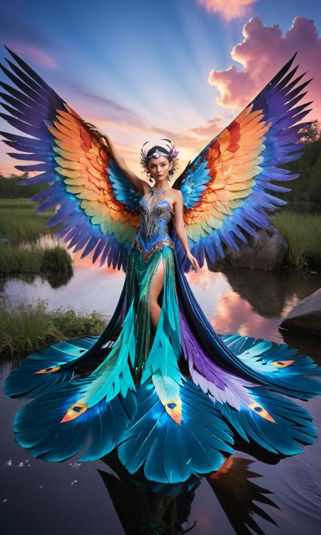24241774-4016984338-A dramatic portrayal of an alluring beauty with wings made of shimmering,iridescent feathers. She soars through a surreal,twilig.png